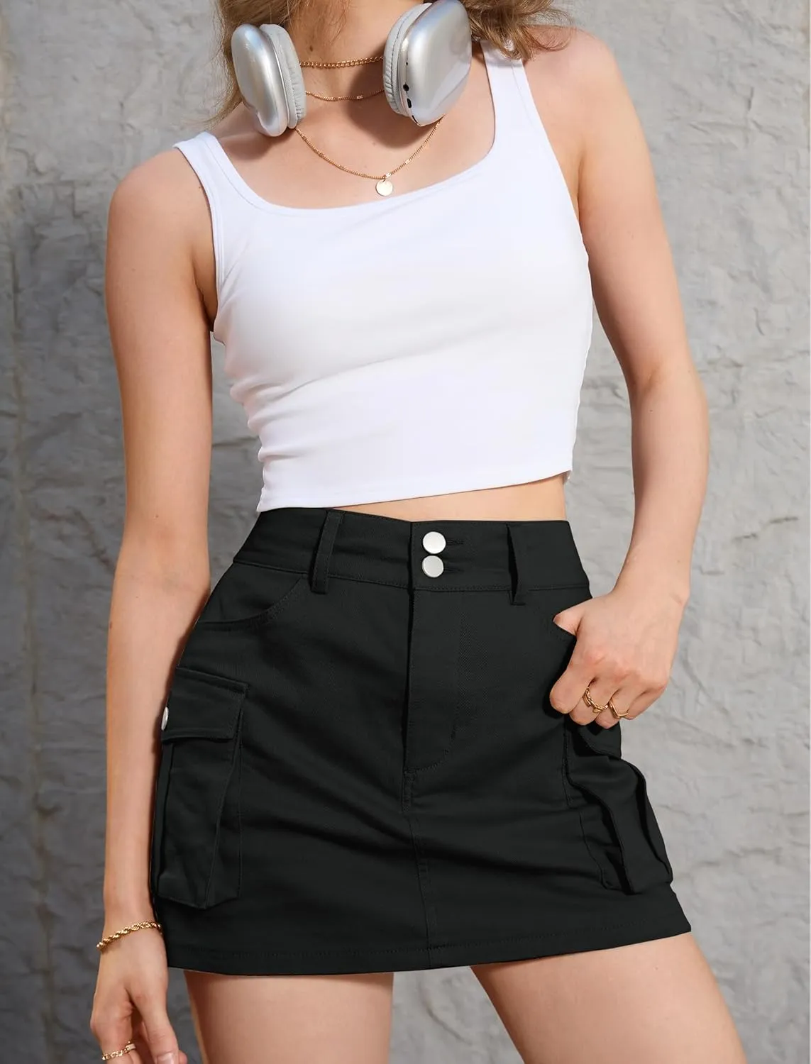 IVIR Women's Skorts Cargo Skirt Mini Y2K Skirt with 4 Pockets Elastic Waist Button Bodycon Denim Skirts Shorts for Women