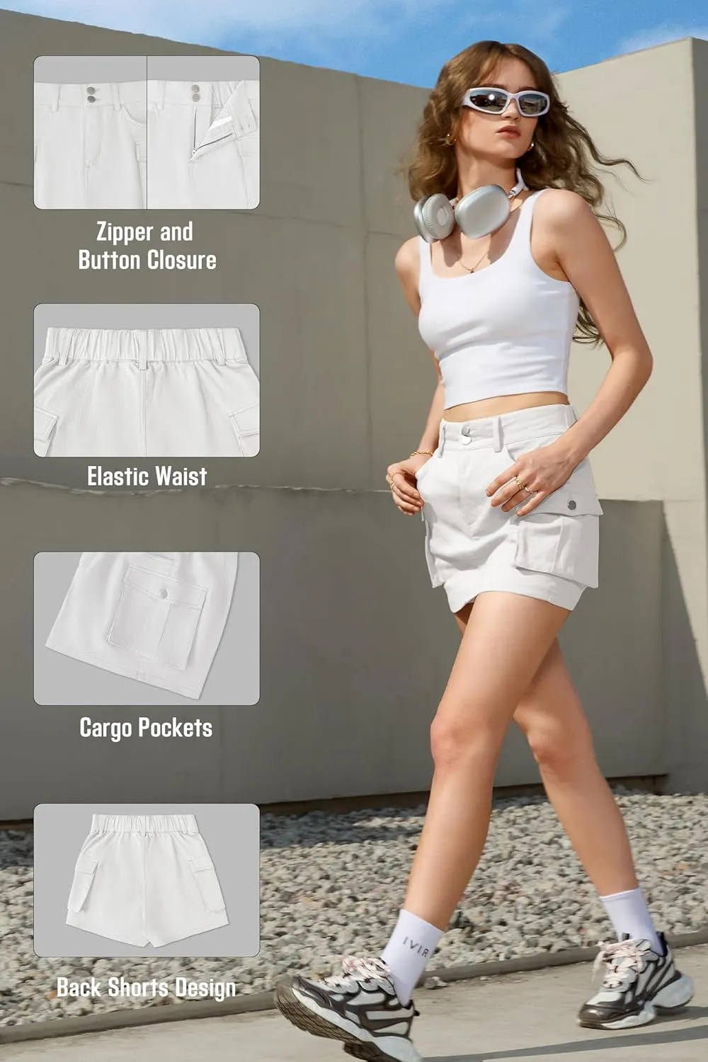 IVIR Women's Skorts Cargo Skirt Mini Y2K Skirt with 4 Pockets Elastic Waist Button Bodycon Denim Skirts Shorts for Women