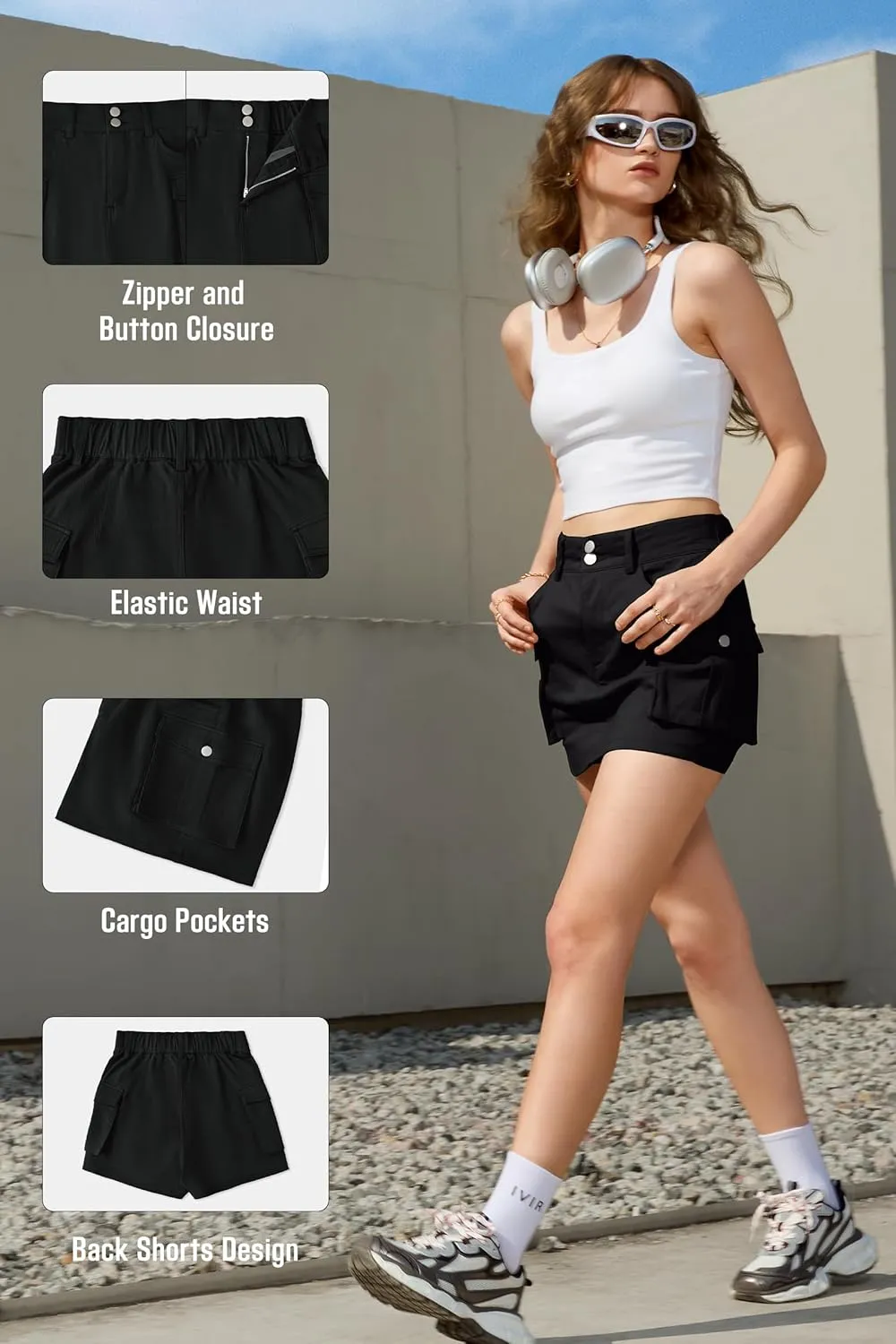 IVIR Women's Skorts Cargo Skirt Mini Y2K Skirt with 4 Pockets Elastic Waist Button Bodycon Denim Skirts Shorts for Women