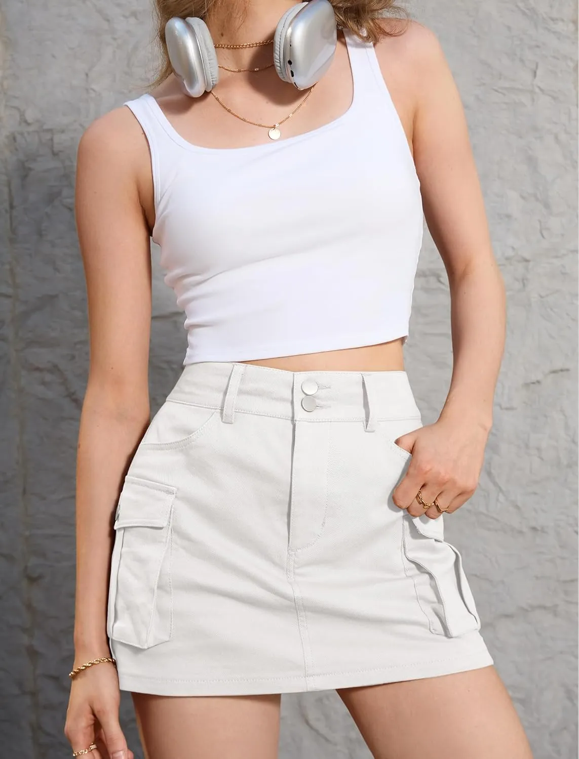 IVIR Women's Skorts Cargo Skirt Mini Y2K Skirt with 4 Pockets Elastic Waist Button Bodycon Denim Skirts Shorts for Women