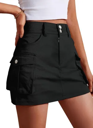 IVIR Women's Skorts Cargo Skirt Mini Y2K Skirt with 4 Pockets Elastic Waist Button Bodycon Denim Skirts Shorts for Women