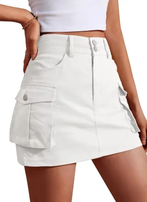 IVIR Women's Skorts Cargo Skirt Mini Y2K Skirt with 4 Pockets Elastic Waist Button Bodycon Denim Skirts Shorts for Women