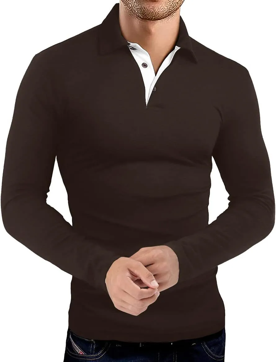KUYIGO Men's Long Sleeve Polo Shirts Casual Slim Fit Basic Designed Cotton Shirt Tops