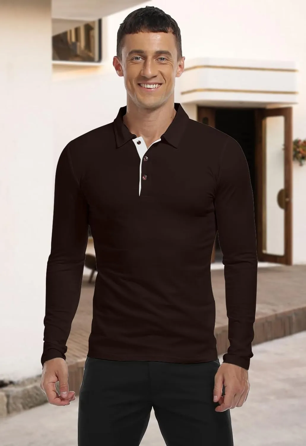 KUYIGO Men's Long Sleeve Polo Shirts Casual Slim Fit Basic Designed Cotton Shirt Tops