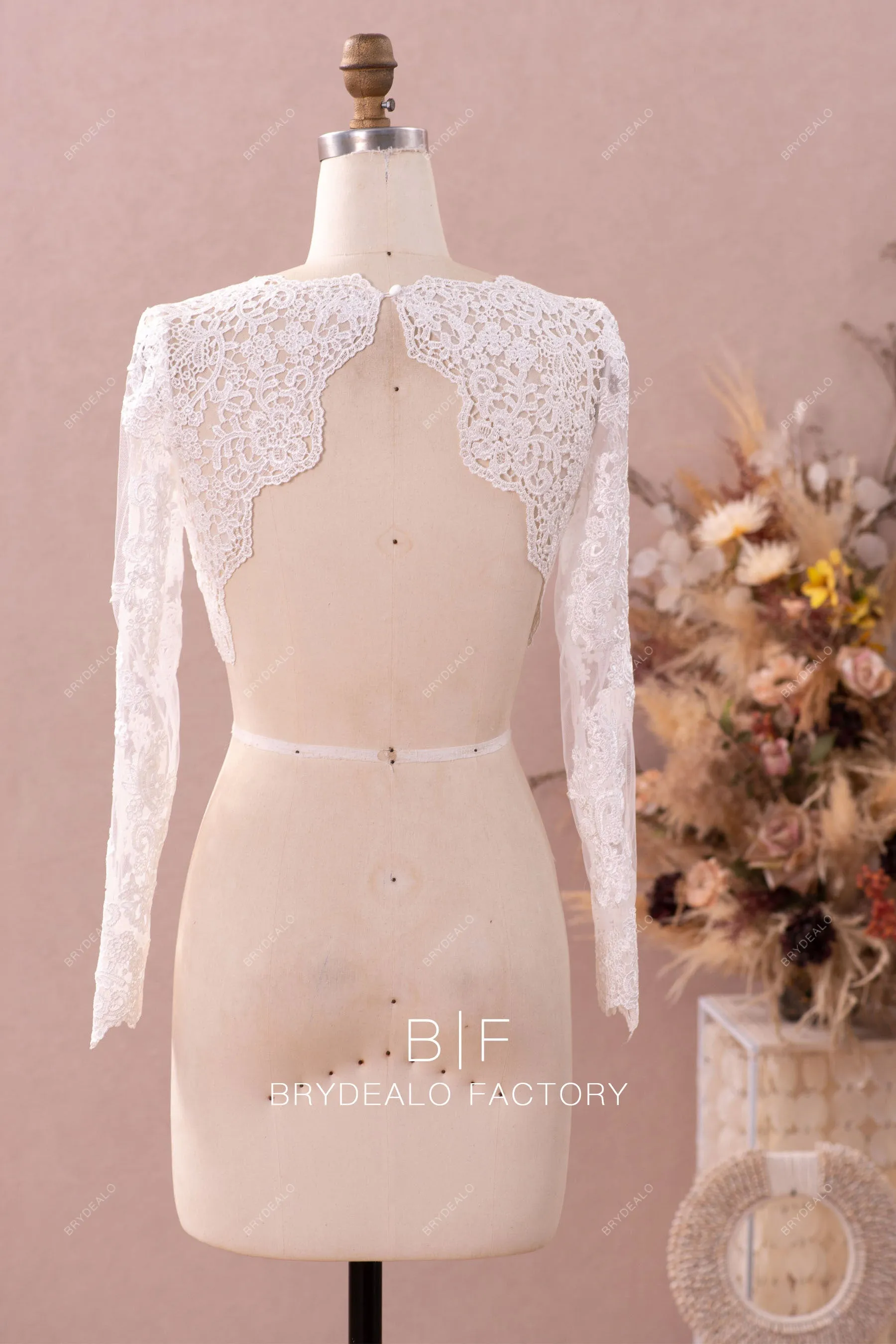 Long Sleeve Lace Crop Top Beautiful Scalloped Neck Bridal Bolero