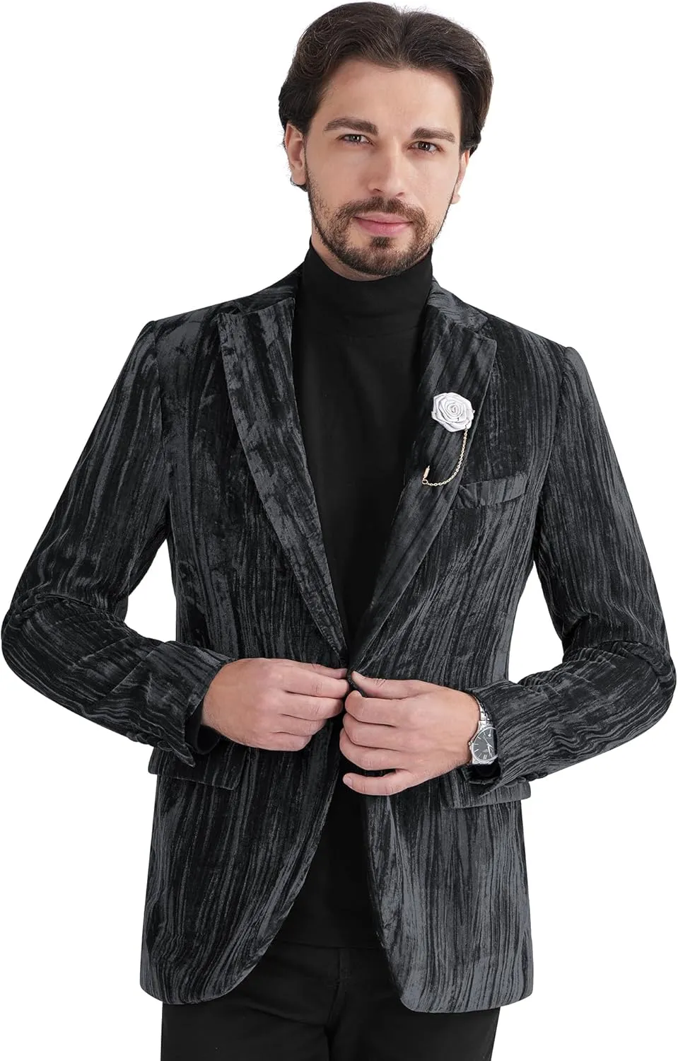 MAGE MALE Men's Velvet Tuxedo Jacket Vintage Print One Button Notched Lapel Slim Fit Blazer Prom Party Suit Coat