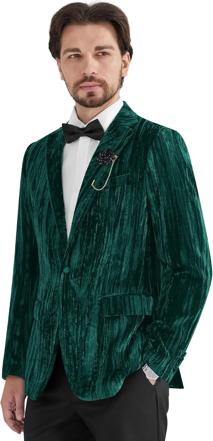 MAGE MALE Men's Velvet Tuxedo Jacket Vintage Print One Button Notched Lapel Slim Fit Blazer Prom Party Suit Coat