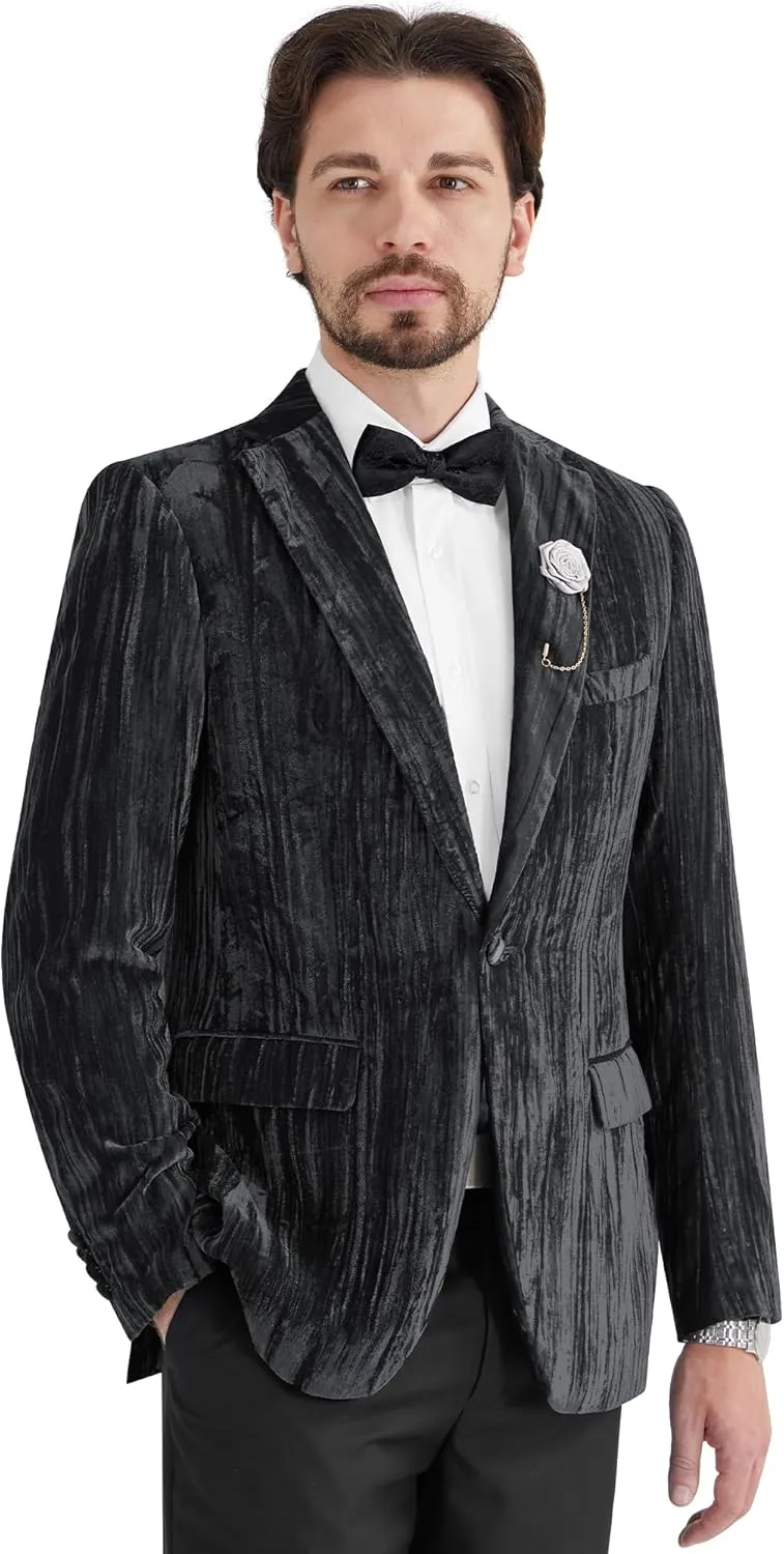MAGE MALE Men's Velvet Tuxedo Jacket Vintage Print One Button Notched Lapel Slim Fit Blazer Prom Party Suit Coat