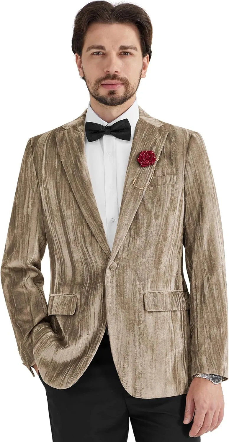 MAGE MALE Men's Velvet Tuxedo Jacket Vintage Print One Button Notched Lapel Slim Fit Blazer Prom Party Suit Coat