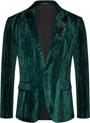 MAGE MALE Men's Velvet Tuxedo Jacket Vintage Print One Button Notched Lapel Slim Fit Blazer Prom Party Suit Coat