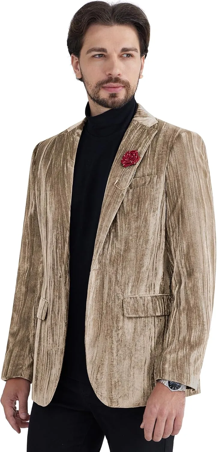 MAGE MALE Men's Velvet Tuxedo Jacket Vintage Print One Button Notched Lapel Slim Fit Blazer Prom Party Suit Coat