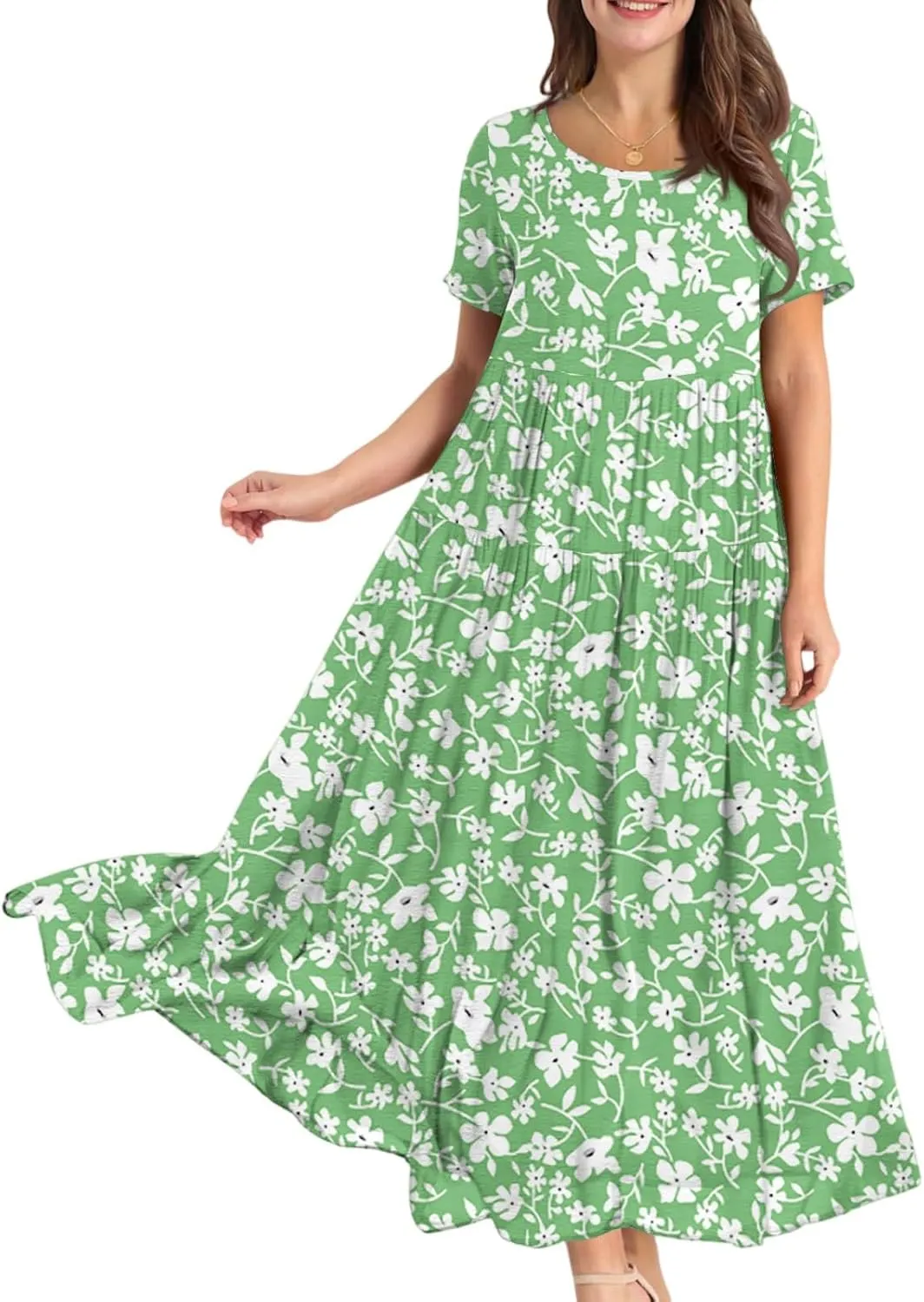 Maxi Dresses for Women Summer Boho Casual Loose Floral Dress Trendy Swing Flowy Cute Tiered Short Sleeve Long Dresses