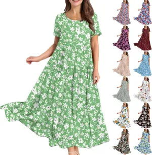Maxi Dresses for Women Summer Boho Casual Loose Floral Dress Trendy Swing Flowy Cute Tiered Short Sleeve Long Dresses