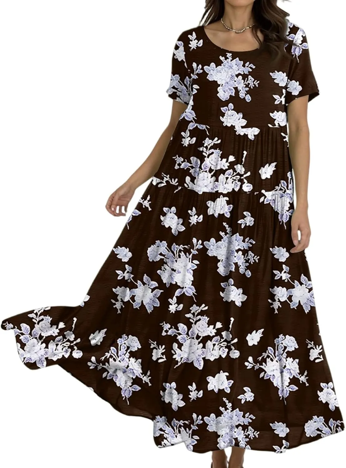 Maxi Dresses for Women Summer Boho Casual Loose Floral Dress Trendy Swing Flowy Cute Tiered Short Sleeve Long Dresses