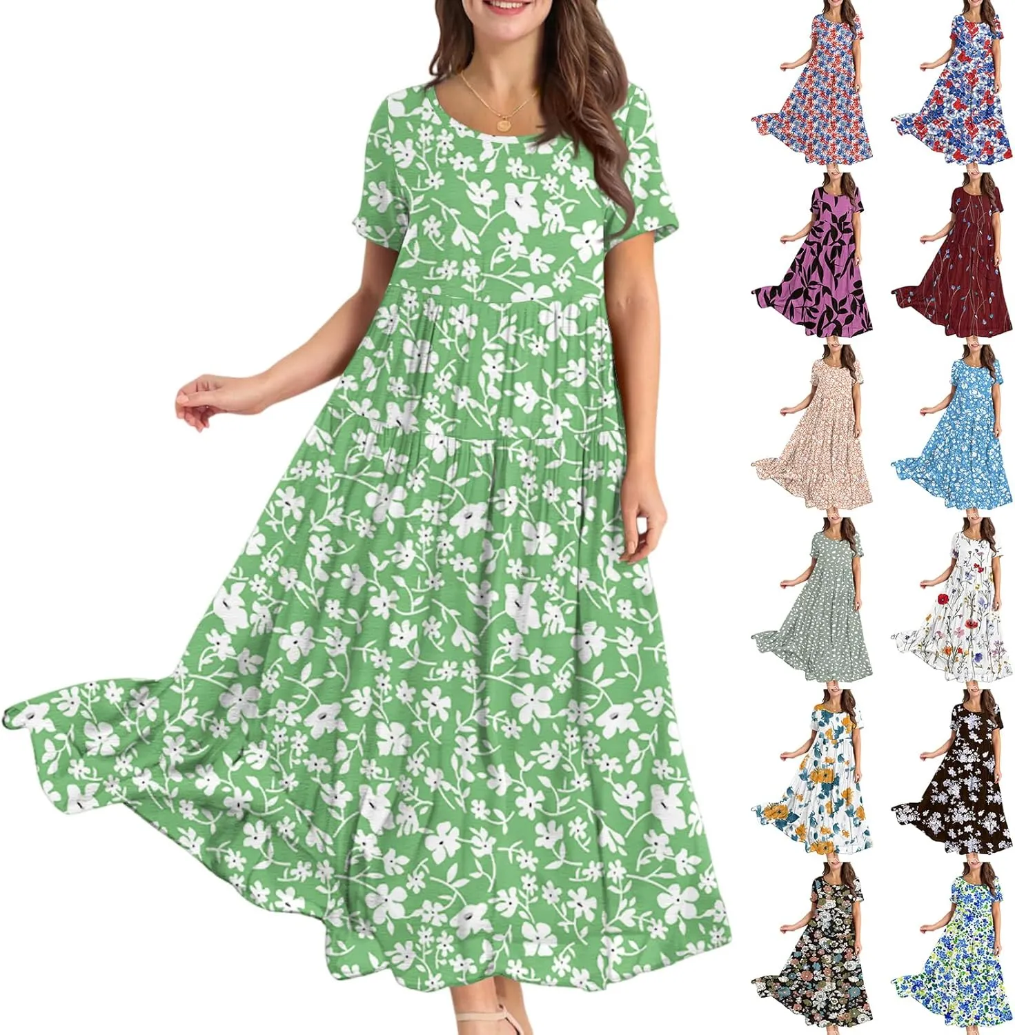 Maxi Dresses for Women Summer Boho Casual Loose Floral Dress Trendy Swing Flowy Cute Tiered Short Sleeve Long Dresses