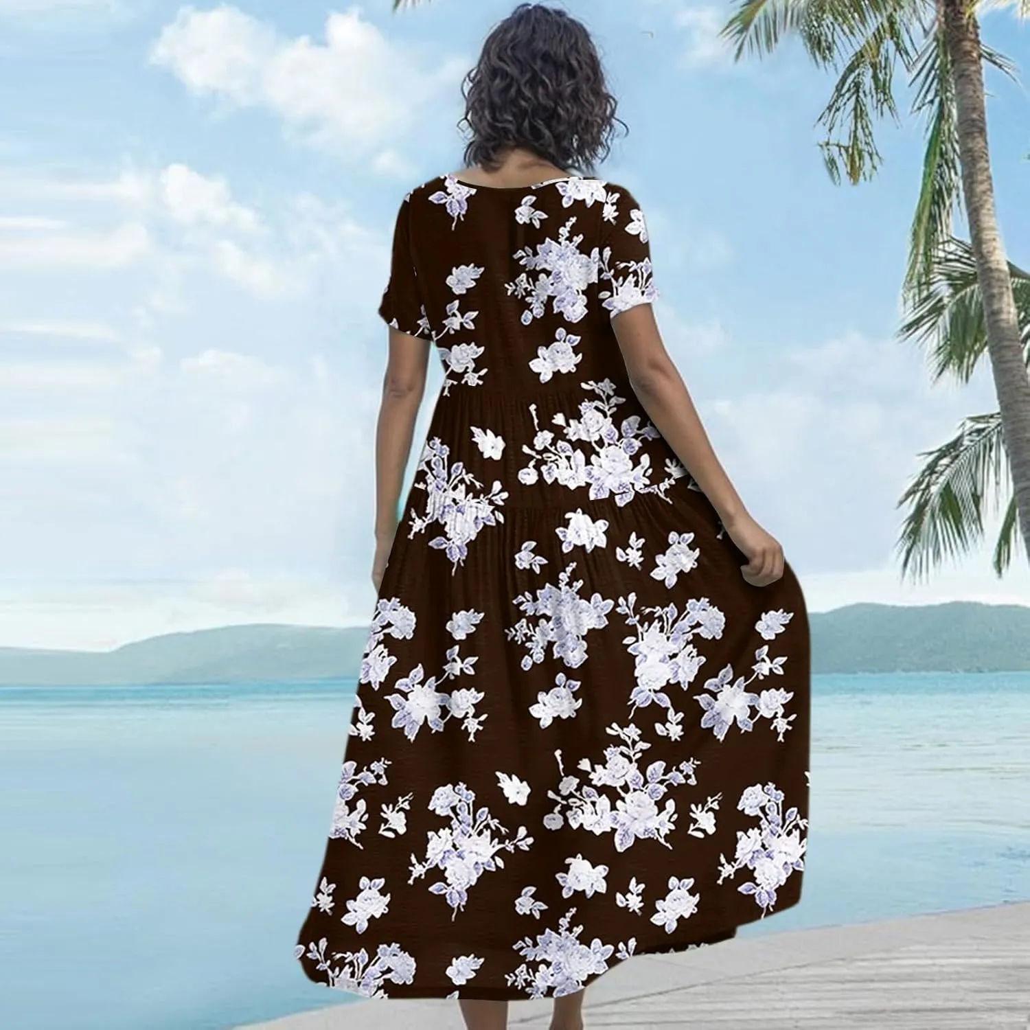 Maxi Dresses for Women Summer Boho Casual Loose Floral Dress Trendy Swing Flowy Cute Tiered Short Sleeve Long Dresses
