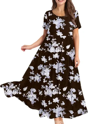 Maxi Dresses for Women Summer Boho Casual Loose Floral Dress Trendy Swing Flowy Cute Tiered Short Sleeve Long Dresses
