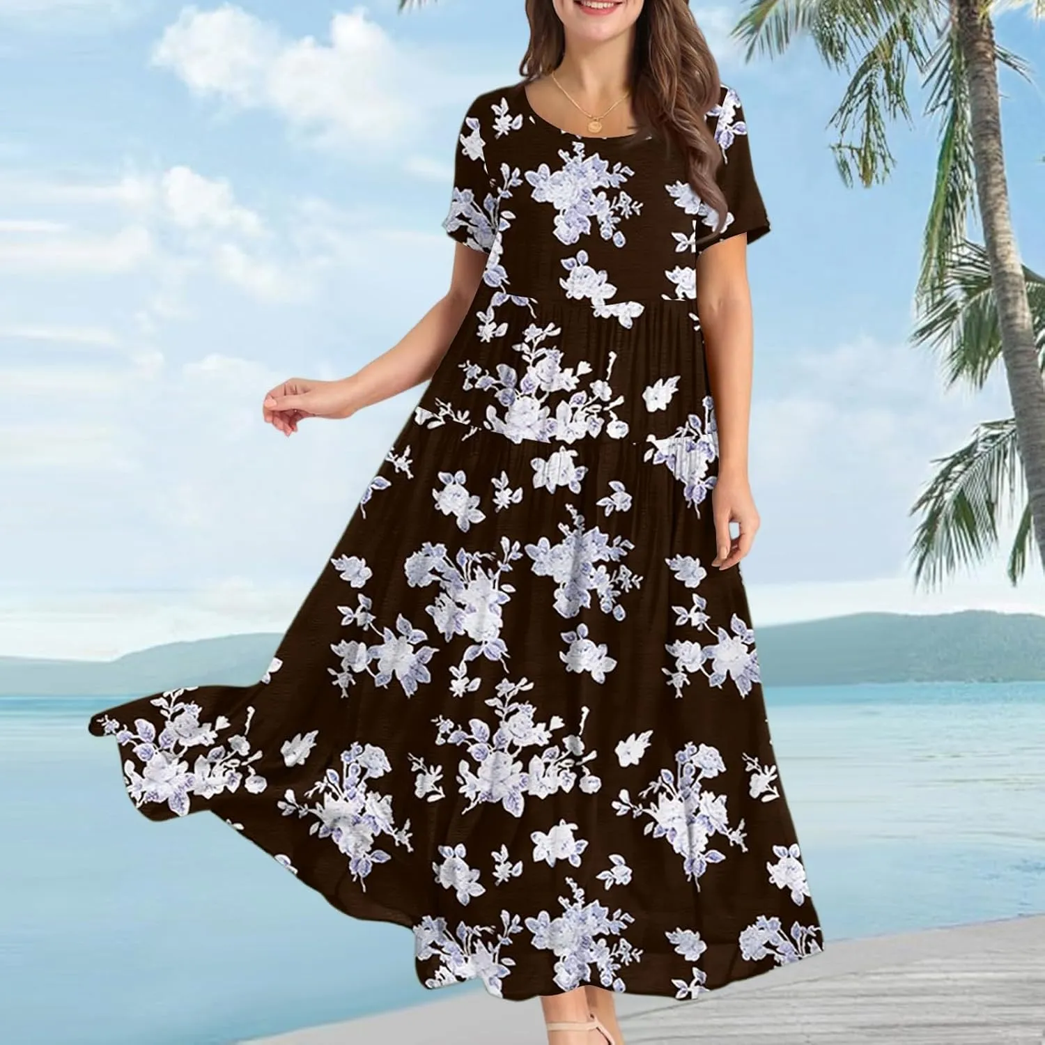 Maxi Dresses for Women Summer Boho Casual Loose Floral Dress Trendy Swing Flowy Cute Tiered Short Sleeve Long Dresses