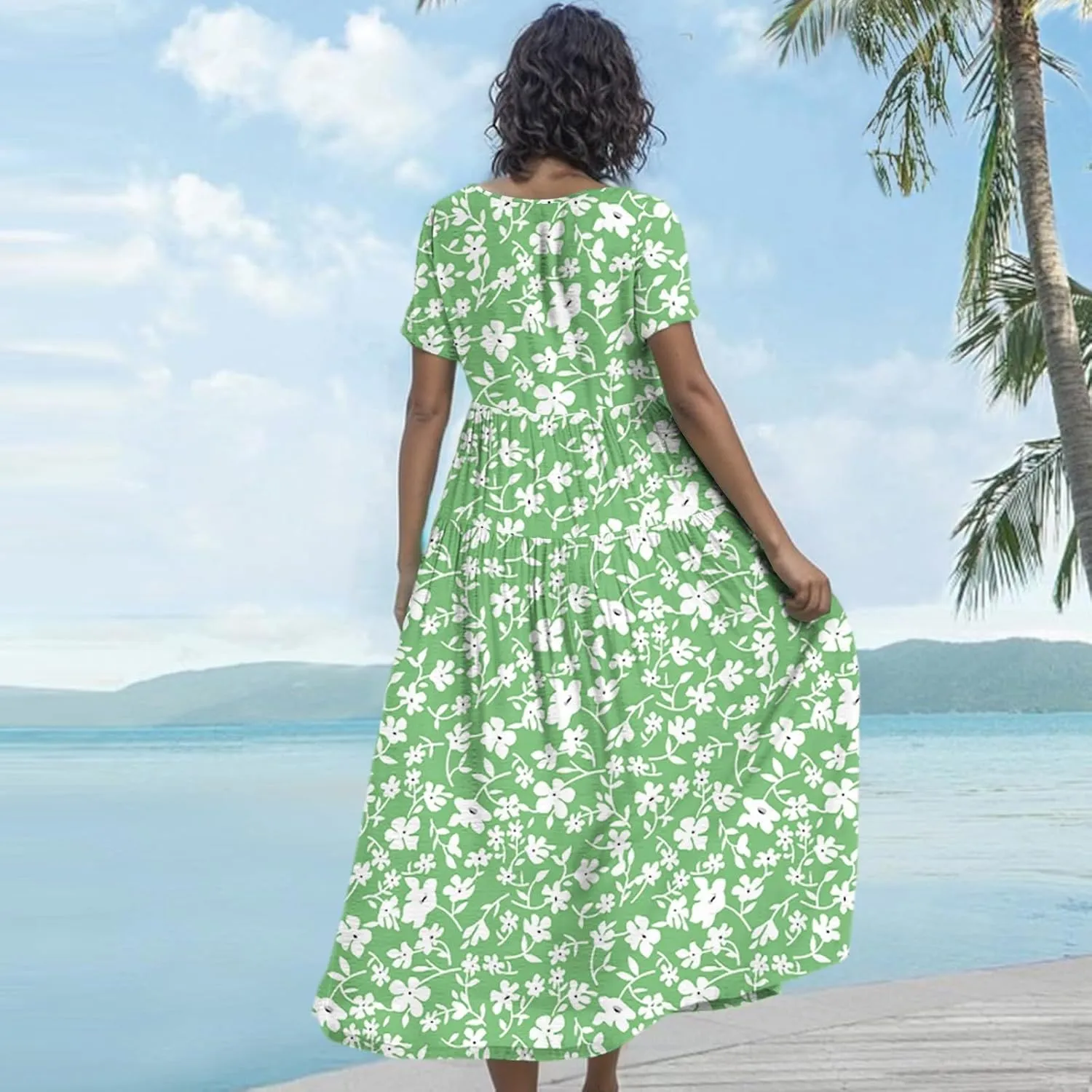 Maxi Dresses for Women Summer Boho Casual Loose Floral Dress Trendy Swing Flowy Cute Tiered Short Sleeve Long Dresses