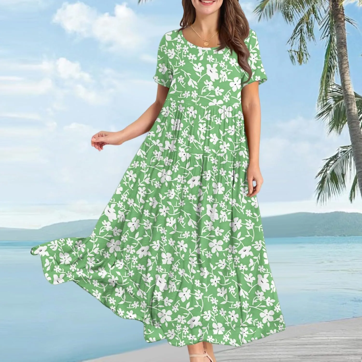 Maxi Dresses for Women Summer Boho Casual Loose Floral Dress Trendy Swing Flowy Cute Tiered Short Sleeve Long Dresses