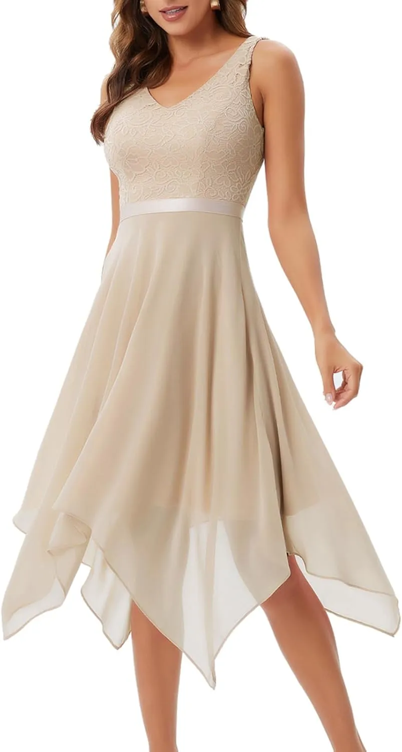 Meetjen Women's Lace Cocktail Party Dress 2025 Handkerchief Hem Bridesmaid Prom Formal Dresses for Wedding Guest
