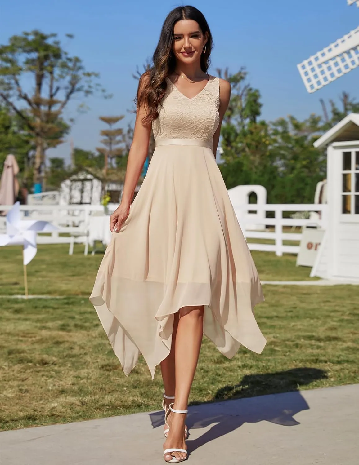 Meetjen Women's Lace Cocktail Party Dress 2025 Handkerchief Hem Bridesmaid Prom Formal Dresses for Wedding Guest