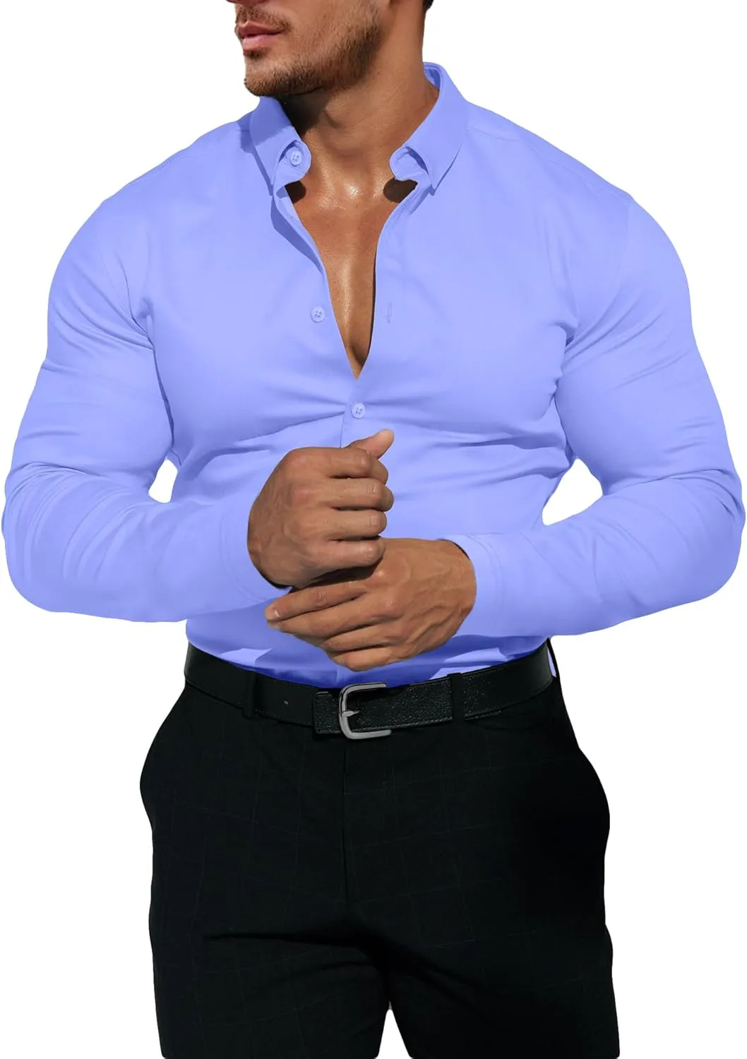 Men's Dress Shirt Slim Fit Button Down Shirt Long Sleeve No Cuff-Links Four Way Stretch Muscle Shirts for Men