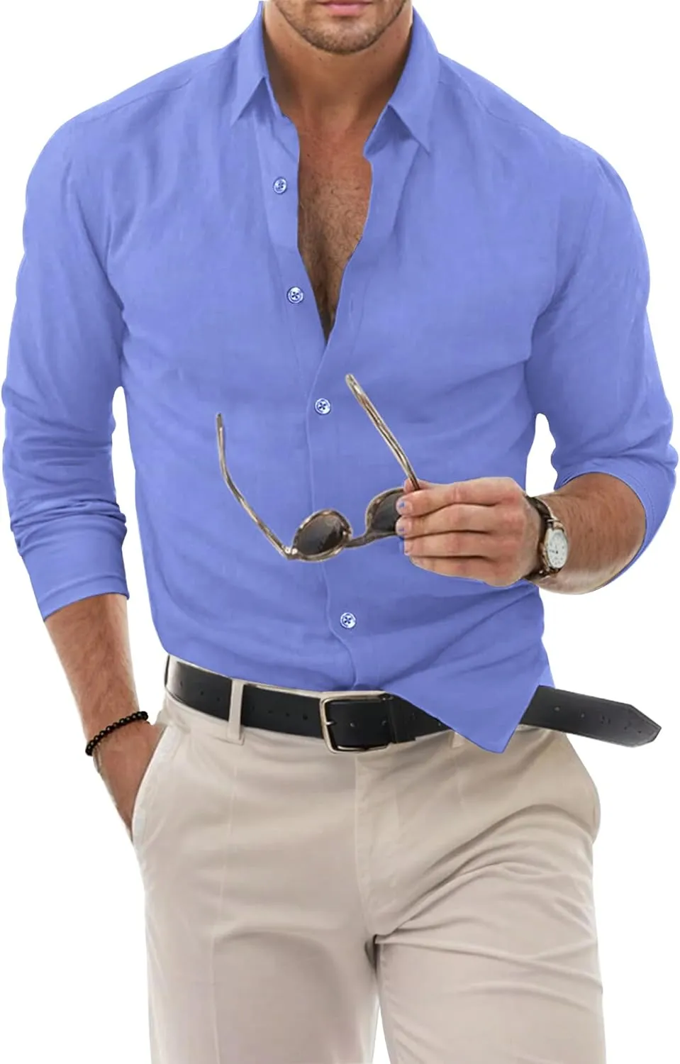 Men's Dress Shirt Slim Fit Button Down Shirt Long Sleeve No Cuff-Links Four Way Stretch Muscle Shirts for Men