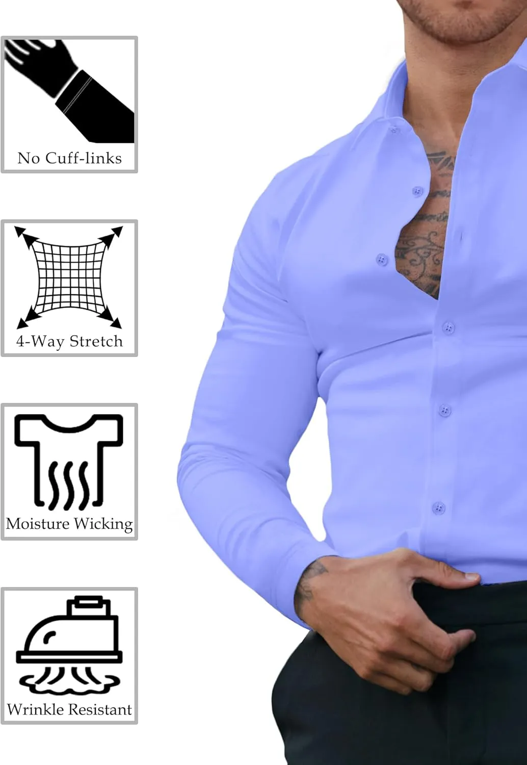 Men's Dress Shirt Slim Fit Button Down Shirt Long Sleeve No Cuff-Links Four Way Stretch Muscle Shirts for Men