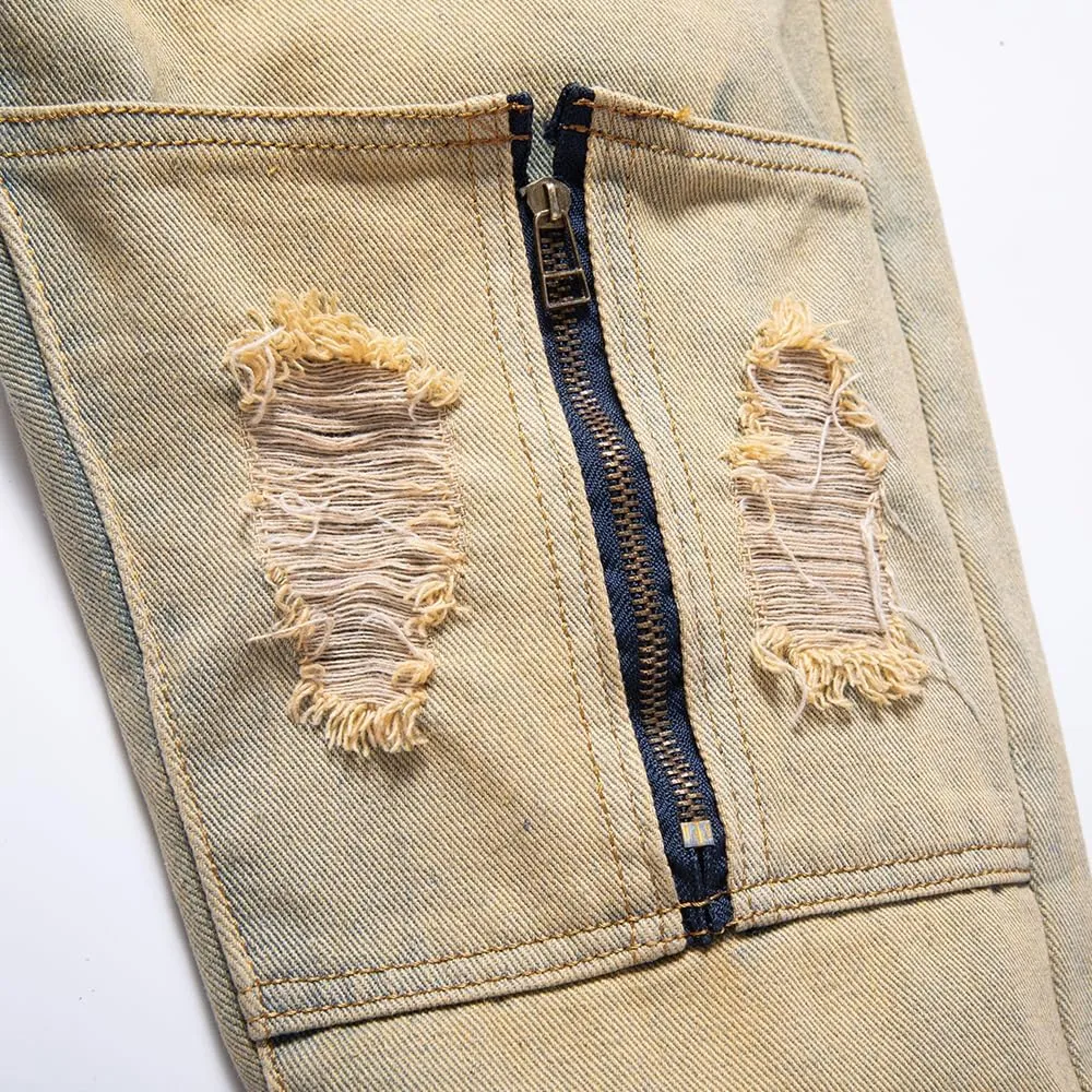 Men's Ripped Destroyed Straight Slim Fit Jeans Cargo Denim Pants Fashion Jean