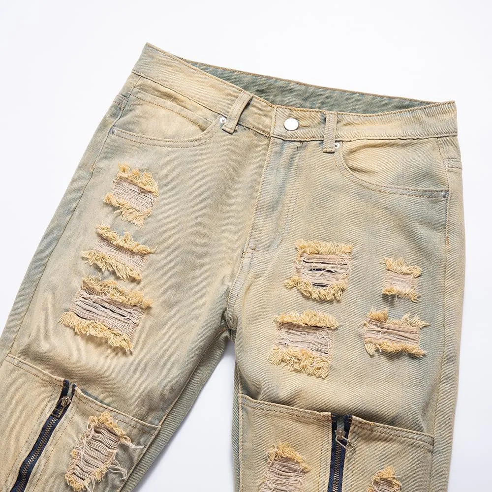 Men's Ripped Destroyed Straight Slim Fit Jeans Cargo Denim Pants Fashion Jean