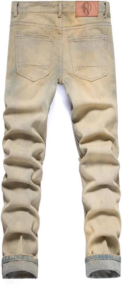 Men's Ripped Destroyed Straight Slim Fit Jeans Cargo Denim Pants Fashion Jean