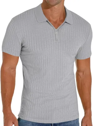 Men's Zip Polo Shirts Short Sleeve Slim Fit Ribbed Muscle Shirt Fashion Golf Tees