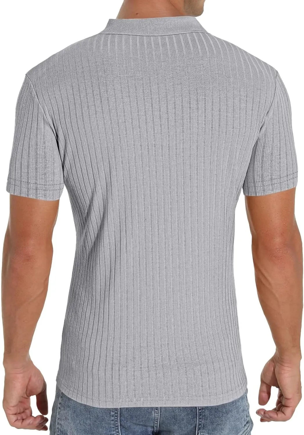 Men's Zip Polo Shirts Short Sleeve Slim Fit Ribbed Muscle Shirt Fashion Golf Tees