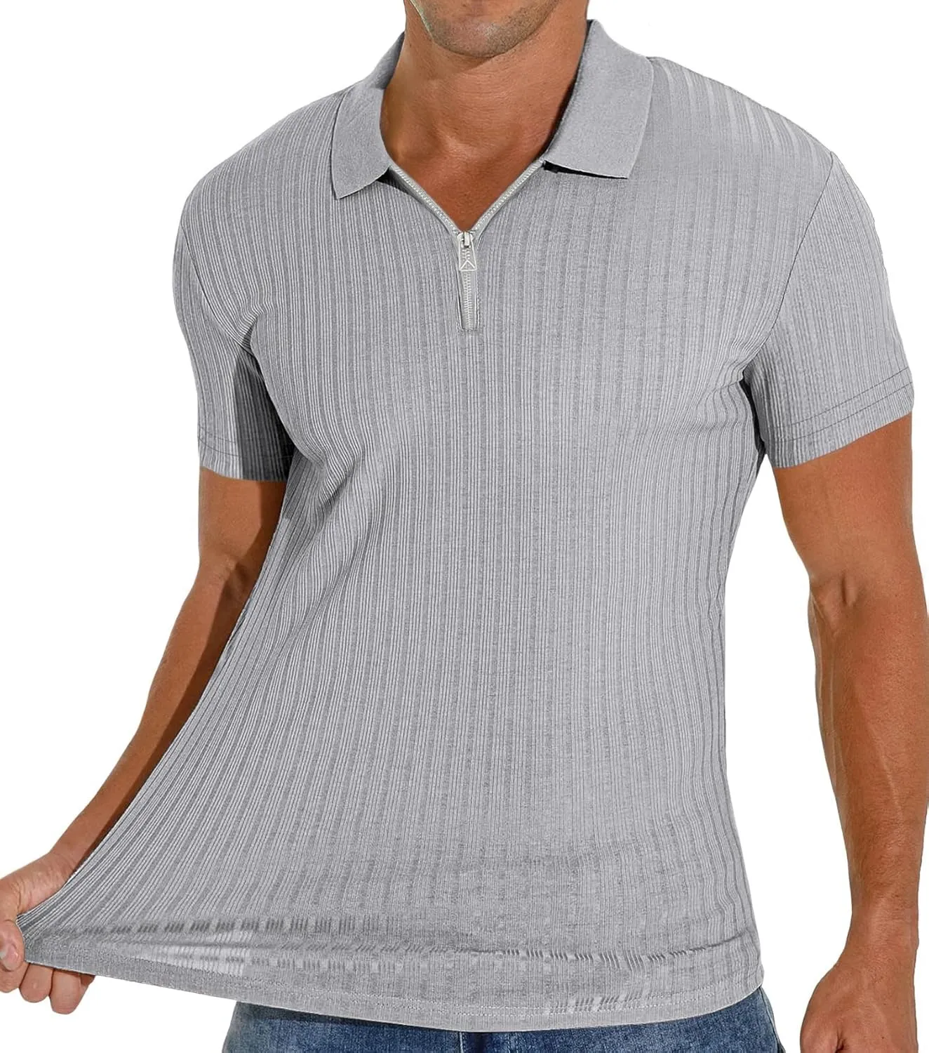 Men's Zip Polo Shirts Short Sleeve Slim Fit Ribbed Muscle Shirt Fashion Golf Tees
