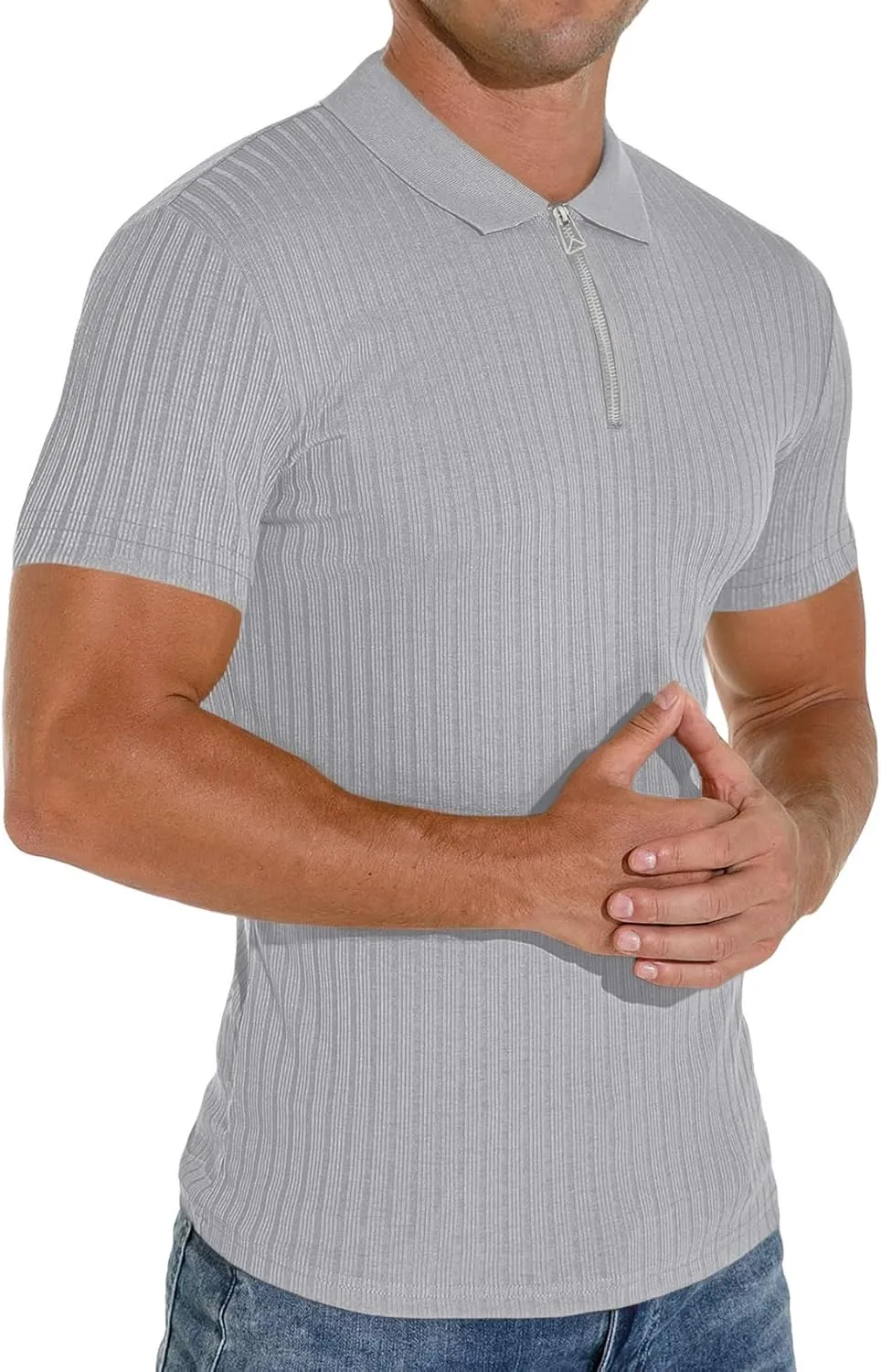 Men's Zip Polo Shirts Short Sleeve Slim Fit Ribbed Muscle Shirt Fashion Golf Tees