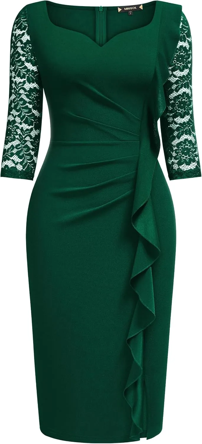Miusol Women's Classy V-Neck Floral lace 3/4 Sleeve Cocktail Party Dress