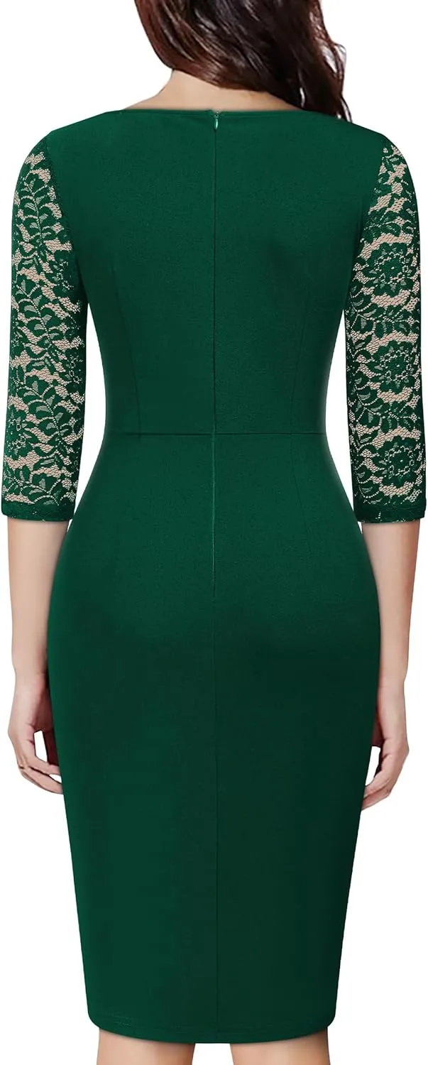 Miusol Women's Classy V-Neck Floral lace 3/4 Sleeve Cocktail Party Dress