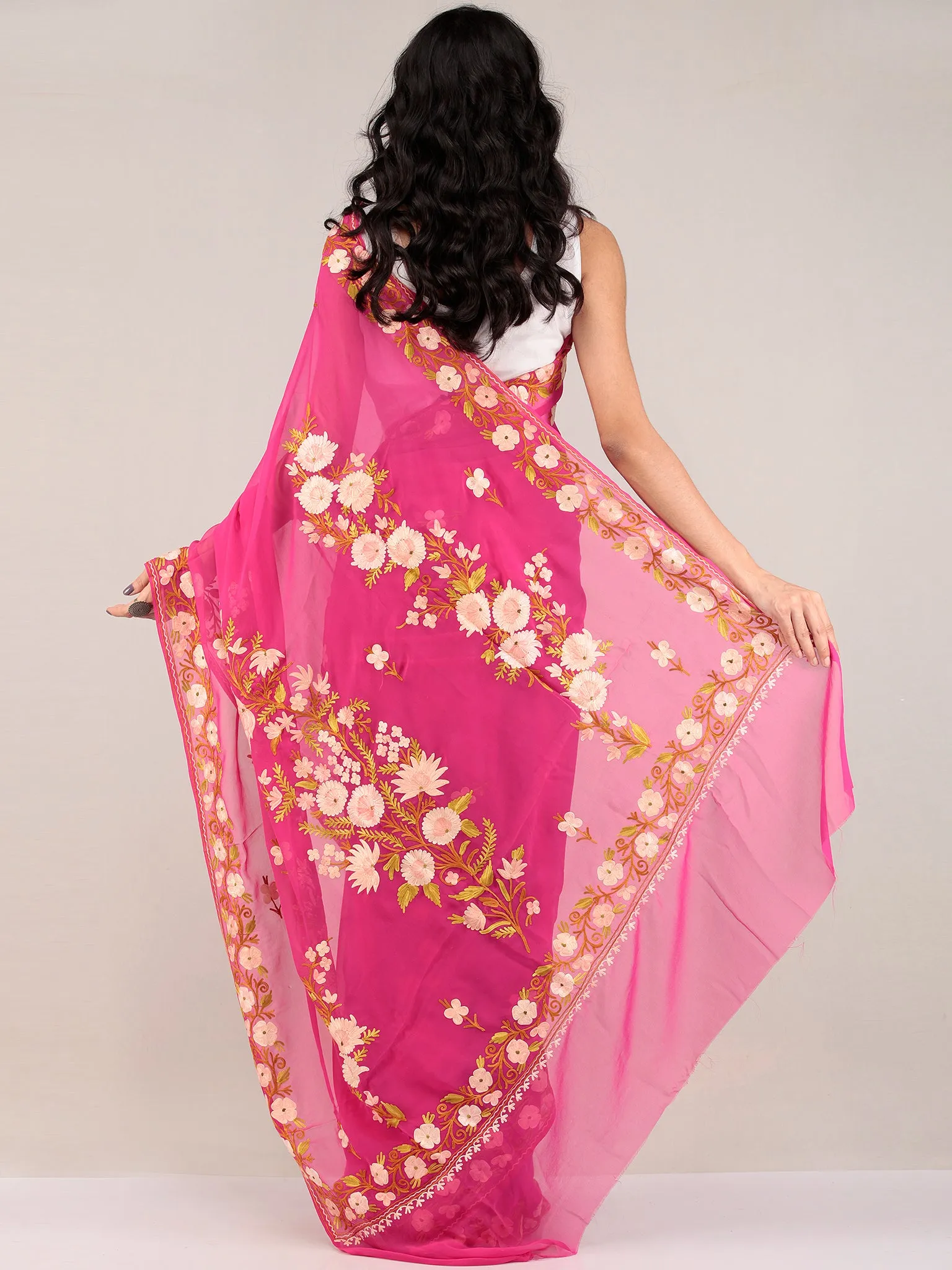 Pink Aari Embroidered Georgette Saree From Kashmir - S031704680