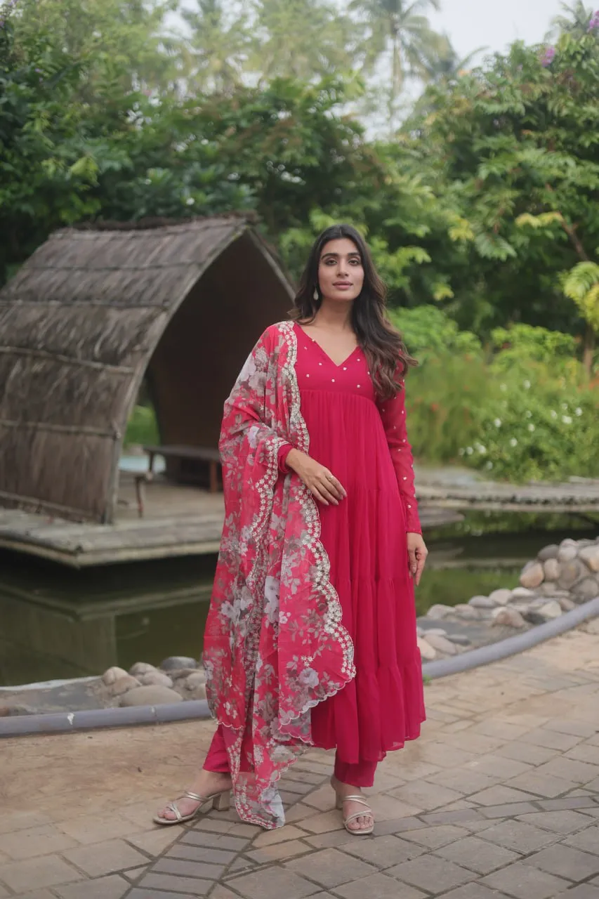 Pink Color Butti Work Kurti Pant With Dupatta Set