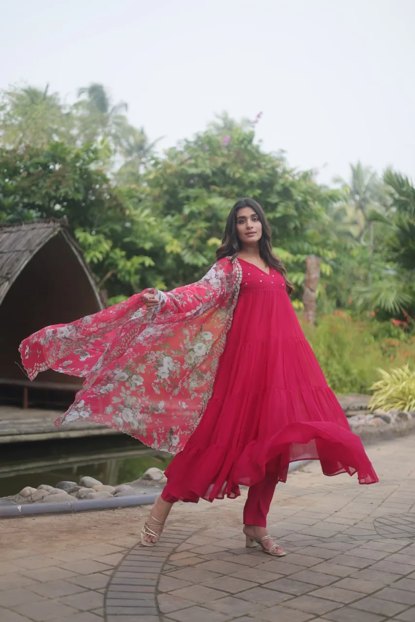 Pink Color Butti Work Kurti Pant With Dupatta Set