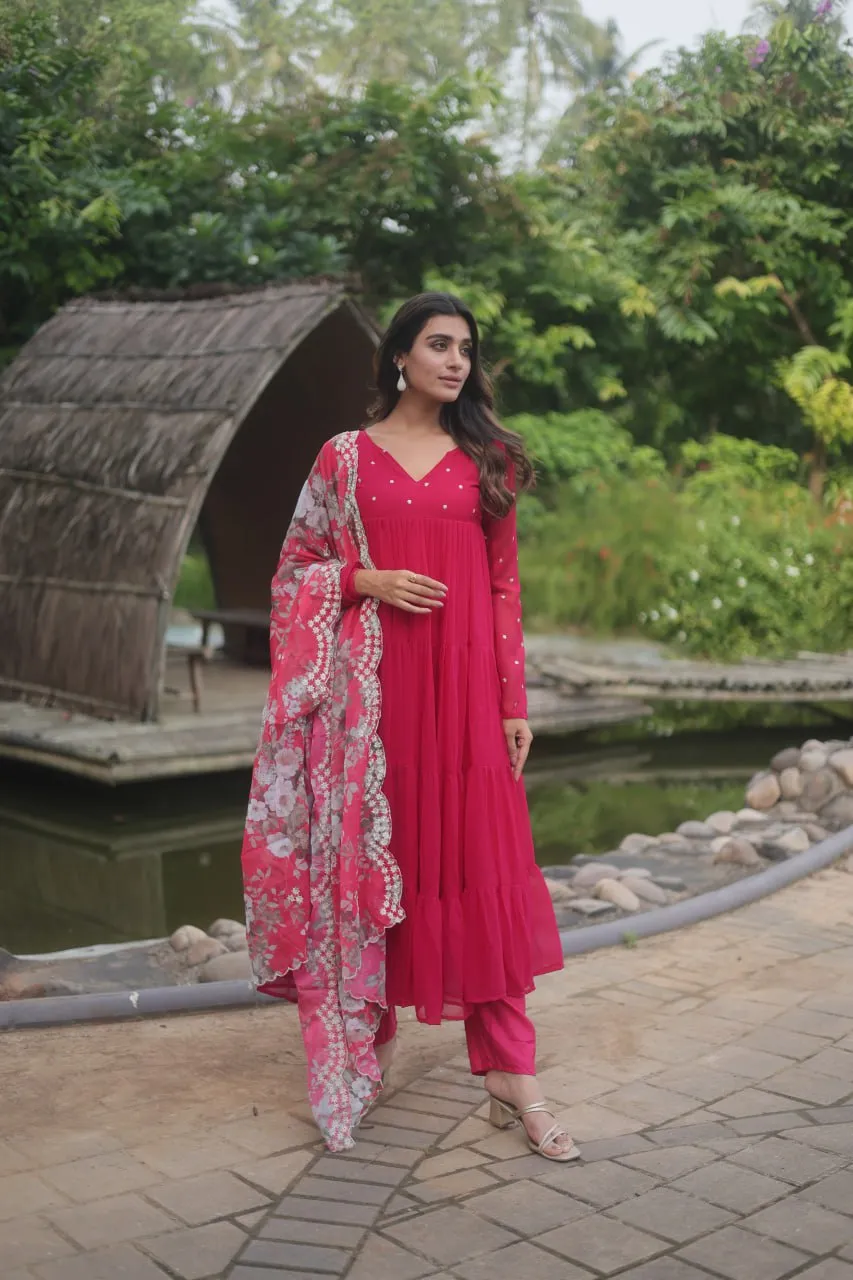 Pink Color Butti Work Kurti Pant With Dupatta Set