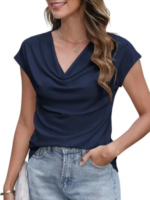 Poetsky Summer Womens Fashion Dressy Tops Short Sleeve Cowl Neck Shirts Trendy 2025 Classy Casual Outfits Ladies Top Blouses