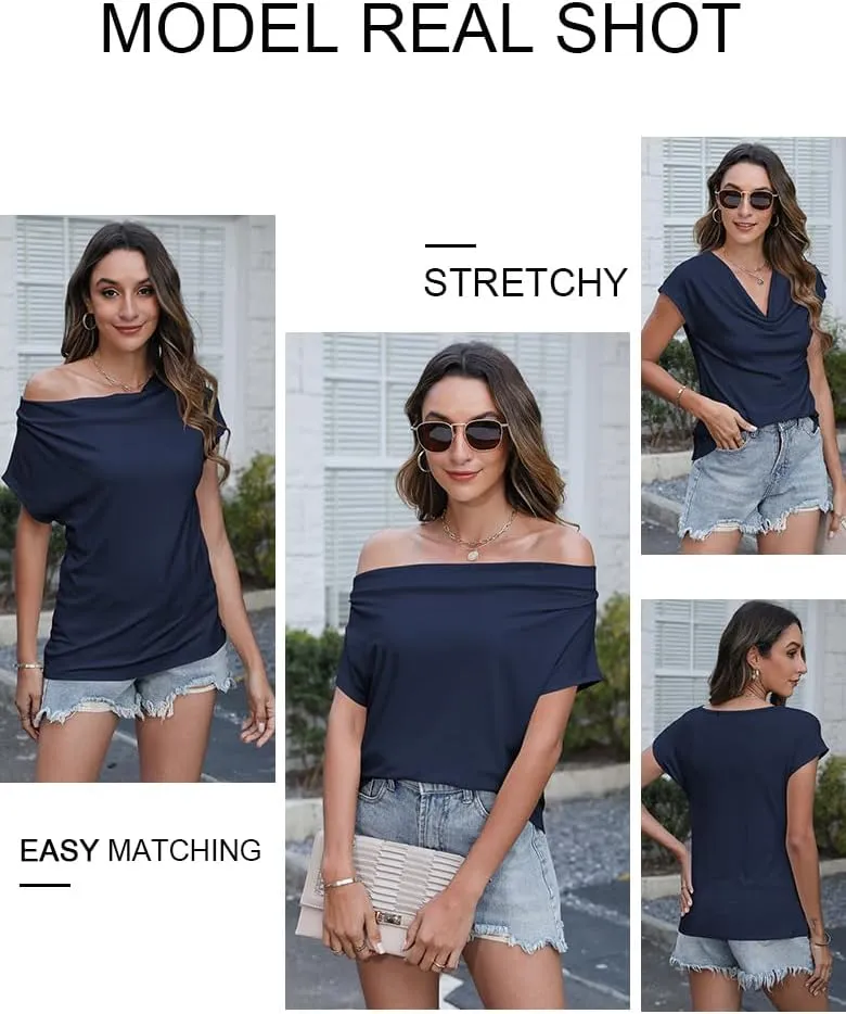 Poetsky Summer Womens Fashion Dressy Tops Short Sleeve Cowl Neck Shirts Trendy 2025 Classy Casual Outfits Ladies Top Blouses