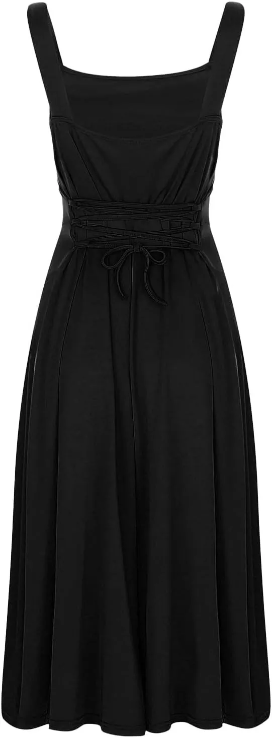 PTOLOCIF Women's Solid Color Thick Shoulder Strap Slim Fit Lace Up Waist Dress Casual Skirt Plus Size Dress Suits