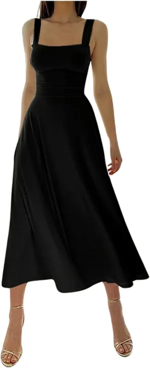 PTOLOCIF Women's Solid Color Thick Shoulder Strap Slim Fit Lace Up Waist Dress Casual Skirt Plus Size Dress Suits