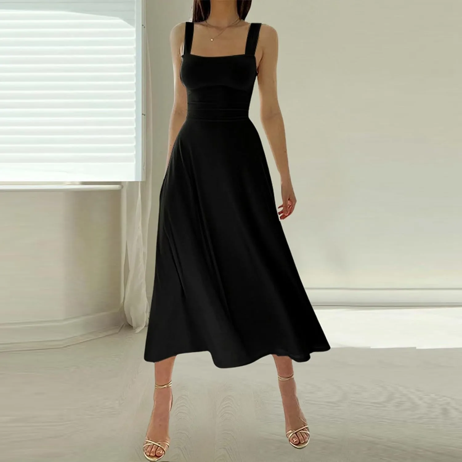 PTOLOCIF Women's Solid Color Thick Shoulder Strap Slim Fit Lace Up Waist Dress Casual Skirt Plus Size Dress Suits