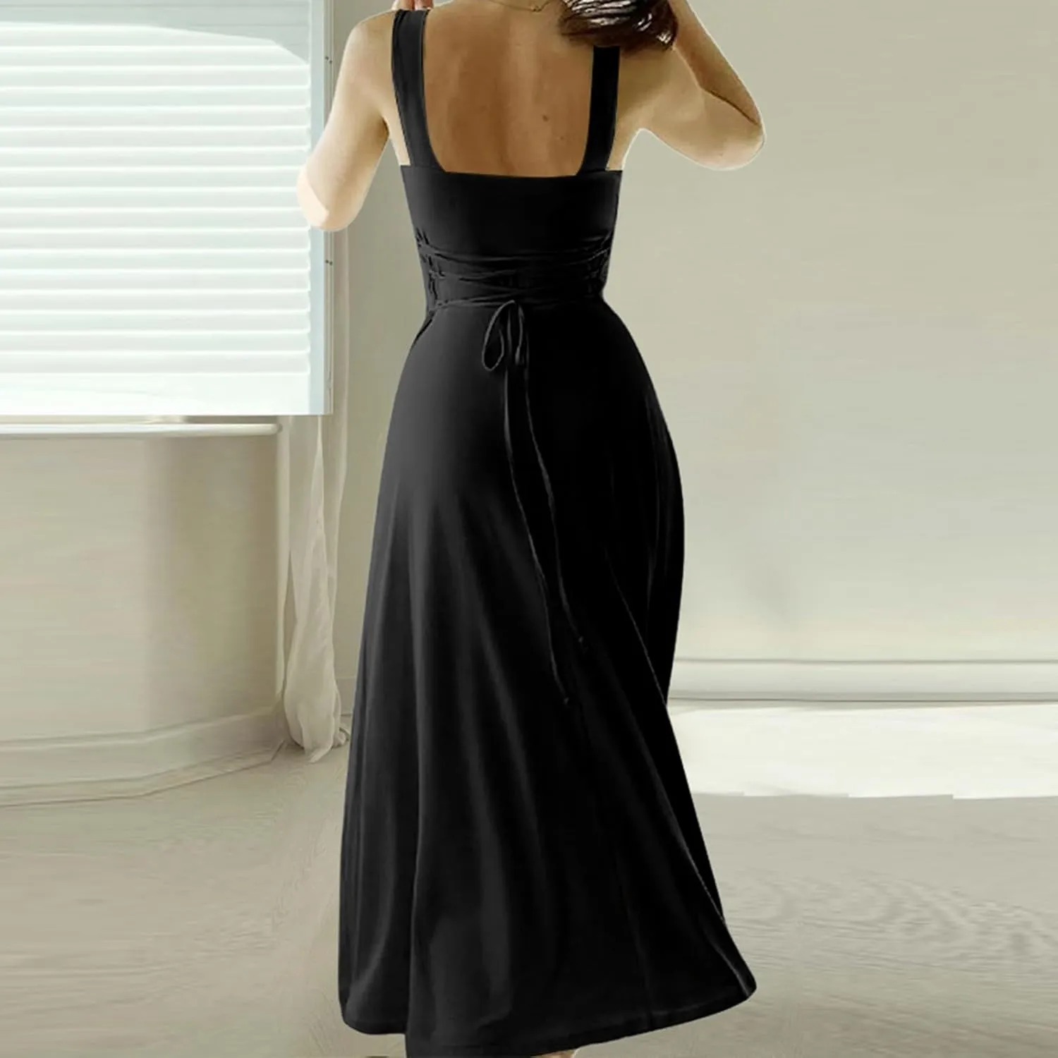 PTOLOCIF Women's Solid Color Thick Shoulder Strap Slim Fit Lace Up Waist Dress Casual Skirt Plus Size Dress Suits