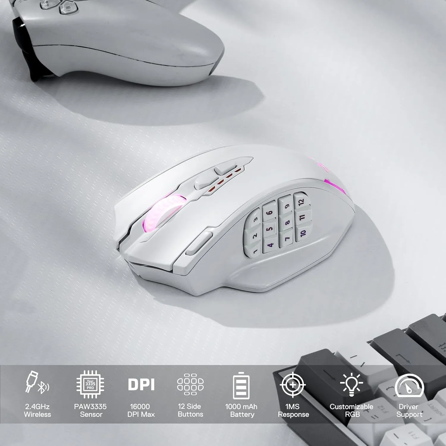 Redragon M913 Impact Elite Wireless Gaming Mouse, 16000 DPI Wired/Wireless RGB Mouse with 16 Programmable Buttons, 45 Hr Battery and Pro Optical Sensor, 12 Side Buttons MMO Mouse