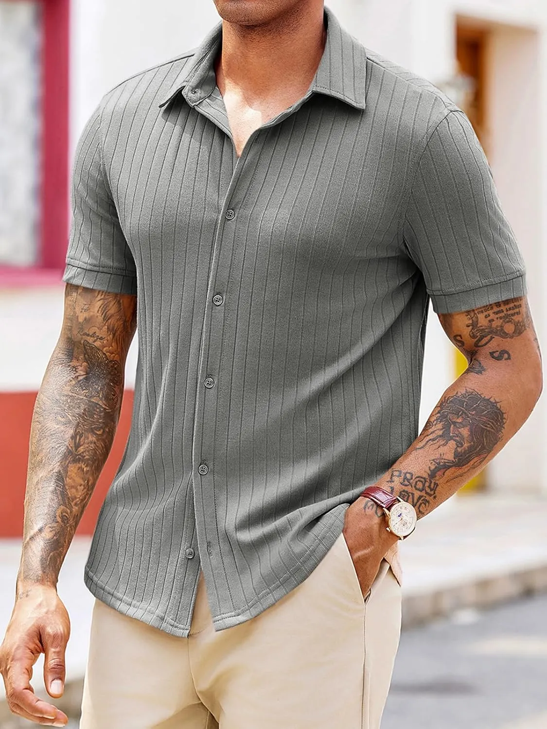 Runcati Mens Knit Button Down Shirts Short Sleeve Polo Shirt Vintage Summer Casual Beach Ribbed Textured Tops